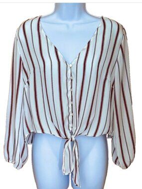 Ambiance Women's Front Tie Blouse Work Career Business Casual Cropped Boxy Med